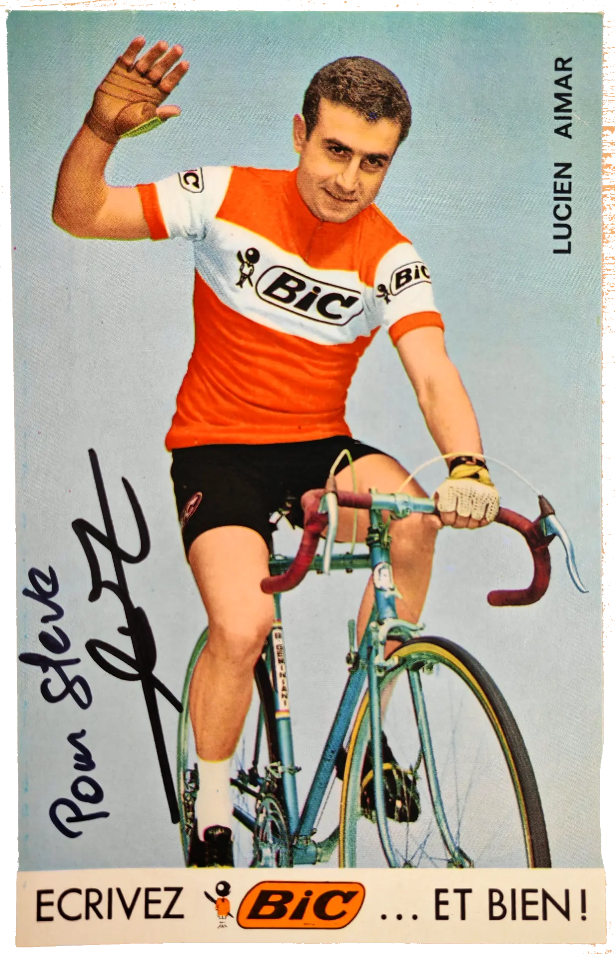 Lucien Aimar in BiC team colours, waving, signed to Steve