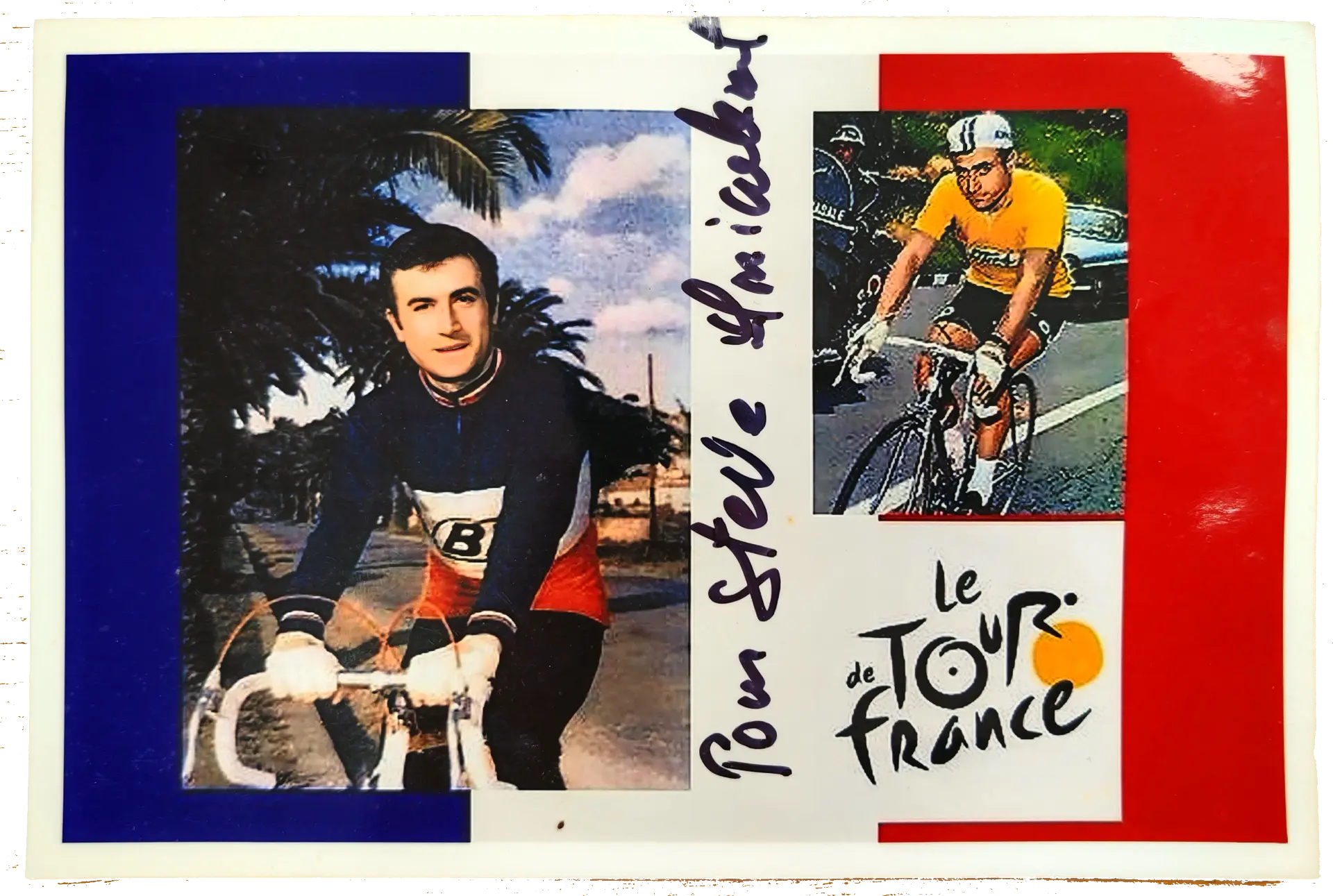Tricolore card of Lucien Aimar in French national and yellow jerseys, signed