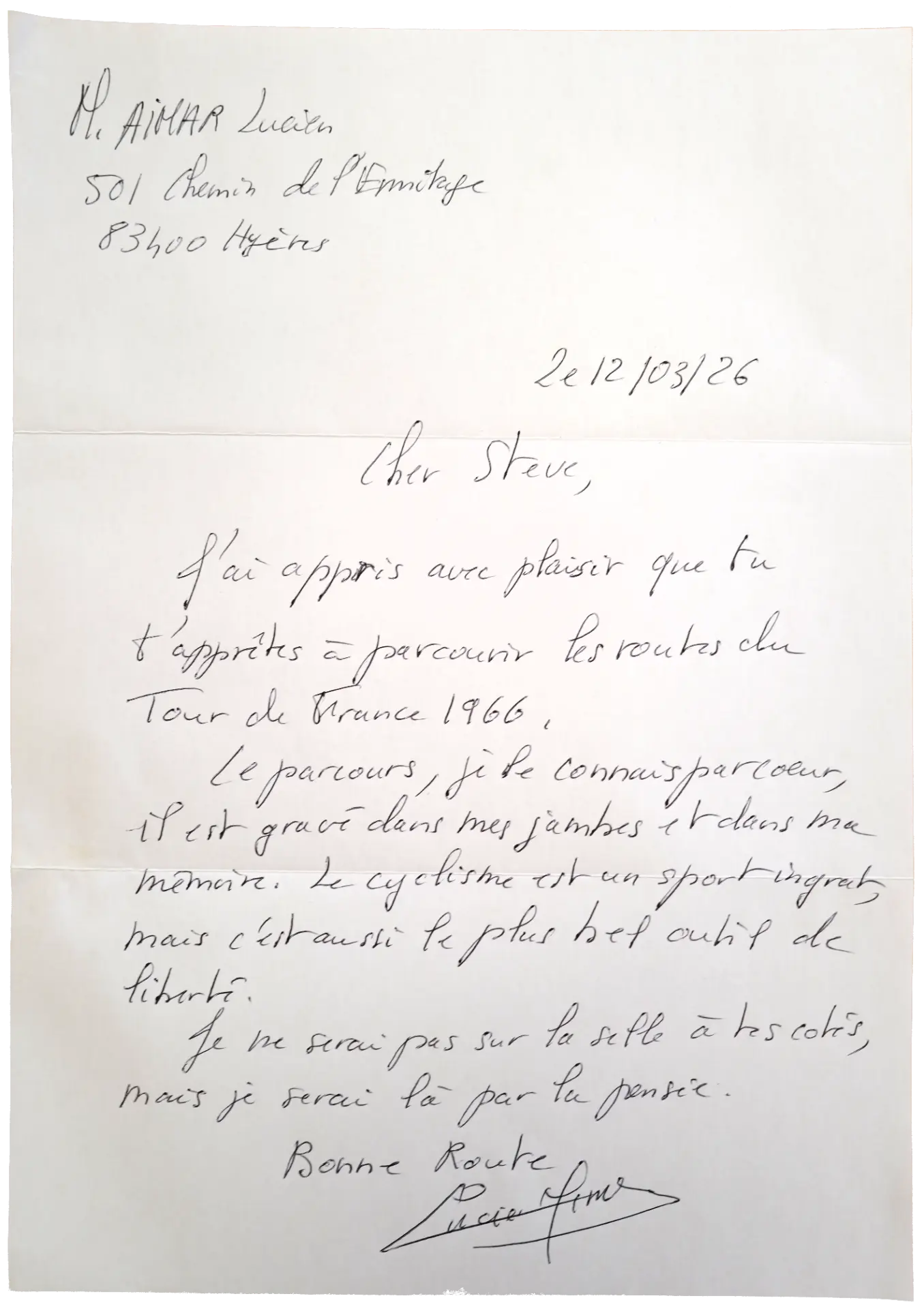 Handwritten letter from Lucien Aimar to Steve, dated 12 March 2026